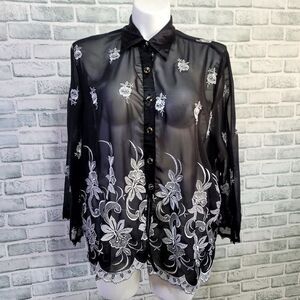 Vintage 80s 90s Sam‎ Womens 2XL Sheer Popover Floral Embroidered Blouse L/S